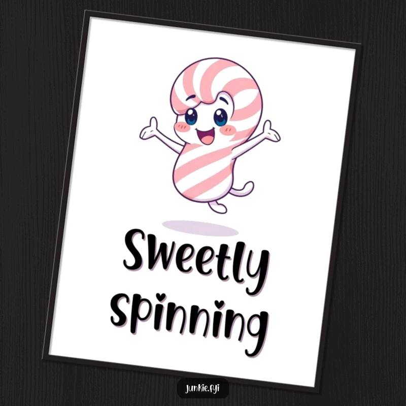 Funny candy cane poster, a cheerful character twirling enthusiastically, festive and joyful wall art.