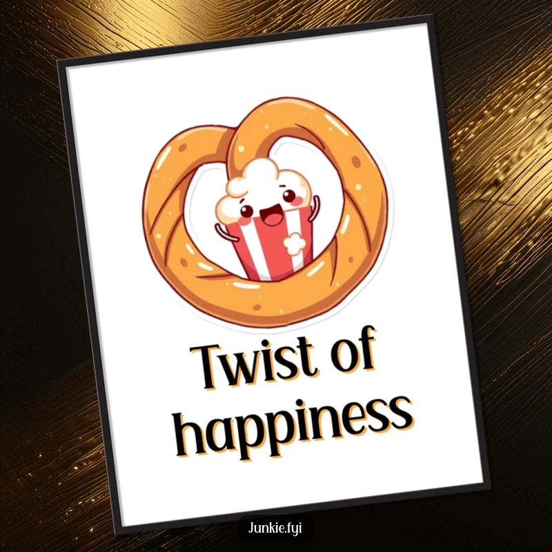 Funny poster of a joyful pretzel twisting with happiness around a popcorn kernel, celebrating the simple joy of snacks.