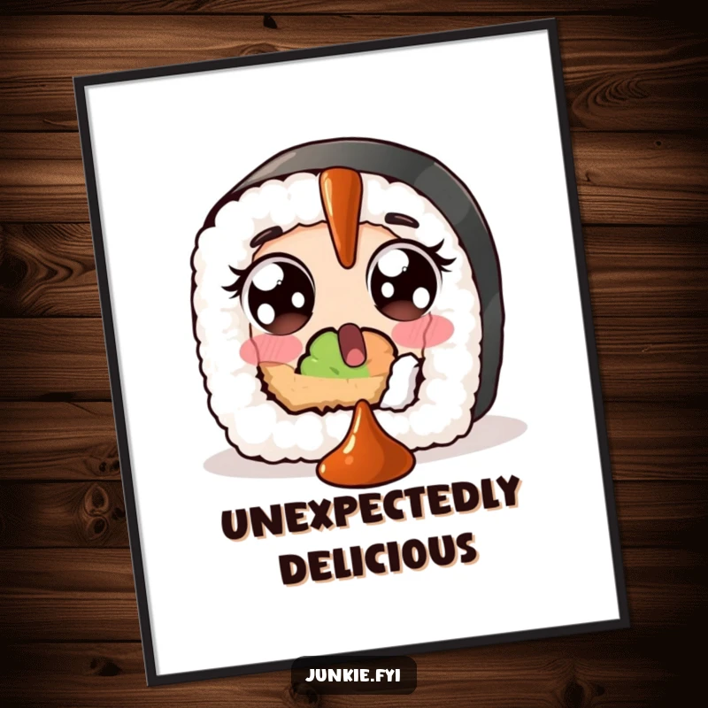 Funny poster illustrating a surprised sushi roll with wide eyes, humorously attempting to catch a falling dollop of soy sauce.