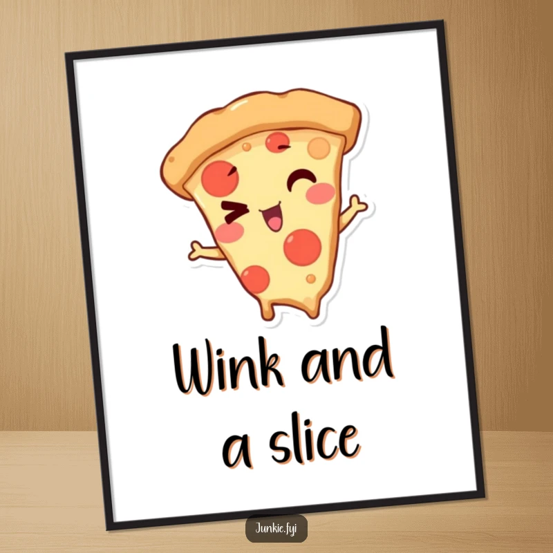 Funny Poster featuring a mischievous pizza slice character giving a charismatic and playful wink, ready to add humor to any room.