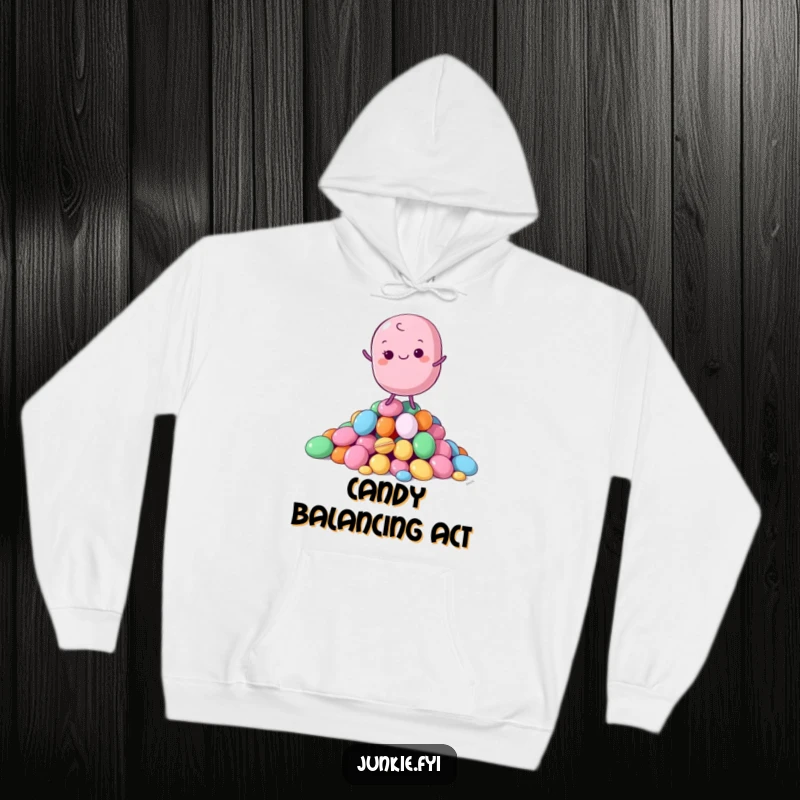 Funny Hoodie depicting a content macaron character balancing artfully on a heap of colorful candies, a symbol of sweet poise.