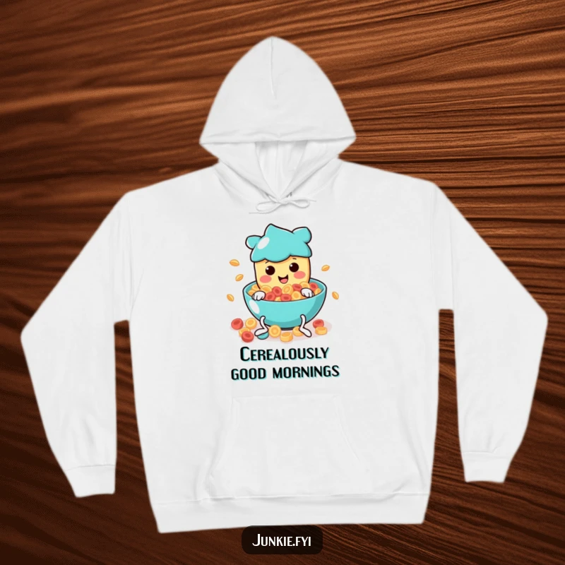 Funny Hoodie: A happy food character with wiggly legs takes a running dive into a vibrant bowl of swirling cereal.