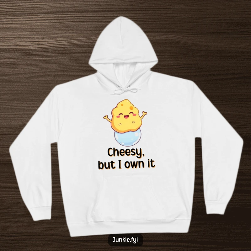 Funny hoodie with a grinning cheese puff floating triumphantly on a bubble, perfect for cozy laughs.