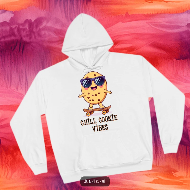 Funny Kawaii Skater Cookie Hoodie: A cheerful anthropomorphic cookie wearing sunglasses rides a tiny skateboard, bringing funny cool vibes.