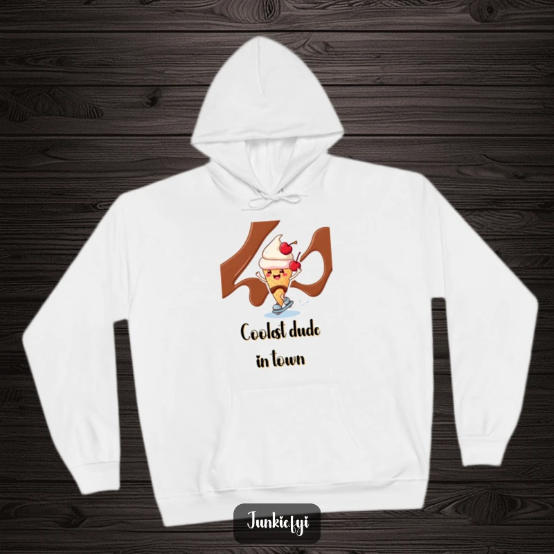 Funny ice cream cone character with a cherry, skating on chocolate syrup, printed on a warm fleece hoodie.