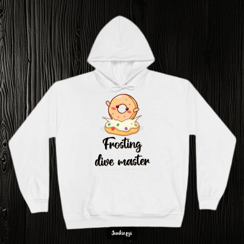 Funny donut character in mid-flip into a frosting pool, depicted on a warm hoodie.