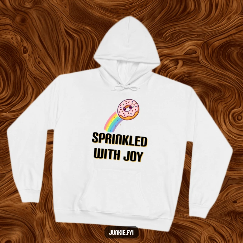 A delighted donut enjoys a ride down a sprinkle rainbow, bringing sweet, funny vibes to this cozy hoodie.
