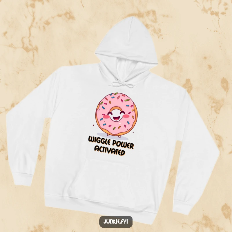 Funny donut hoodie, sprinkles raining down, character performing a happy wiggle, cozy and cheerful.