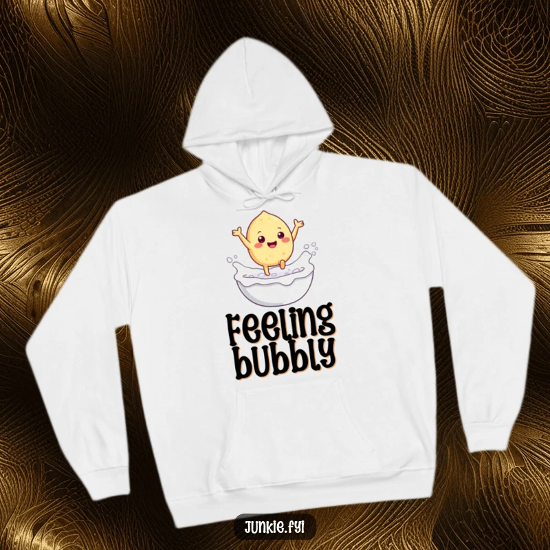 Funny hoodie featuring a gleeful food character with tiny legs leaping into a bubbly milk bath, perfect for cozy fun.