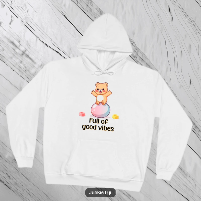 Funny gummy bear character bouncing gleefully on a giant jellybean on a warm fleece hoodie.