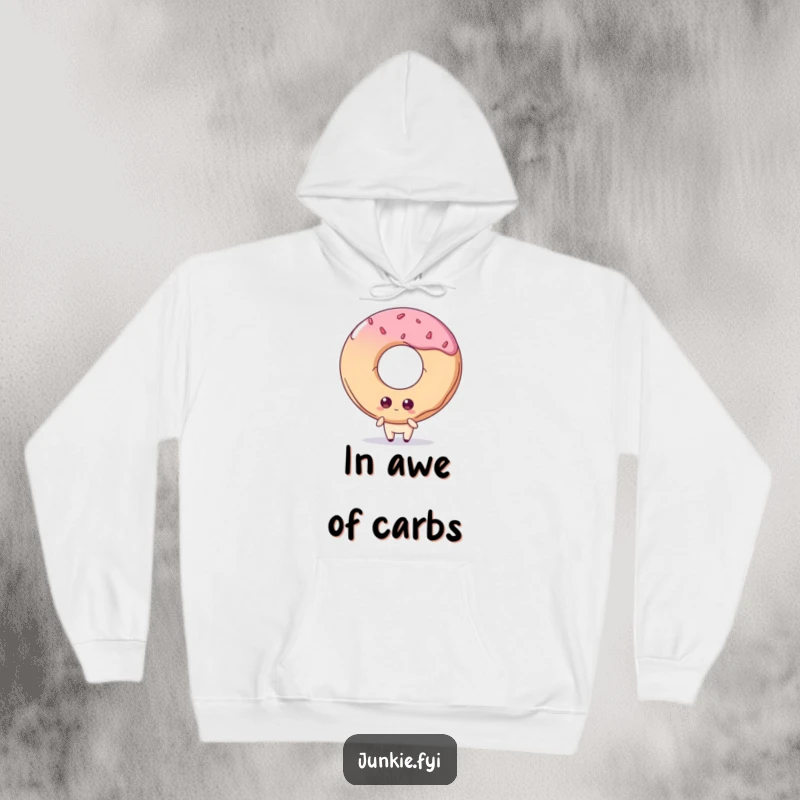 Funny hoodie: A quirky food character with large, expressive eyes stares intently at an impressively colossal doughnut, full of desire.