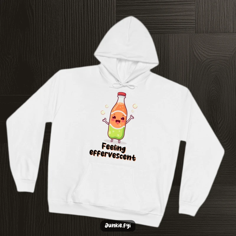 Funny Kawaii soda bottle, surrounded by escaping bubbles, dancing with joy, on a soft, warm hoodie.