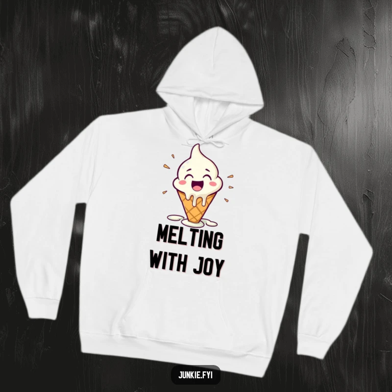 Funny Hoodie with a melting ice cream cone character radiating happy glee, offering cozy comfort and a touch of sweet fun.