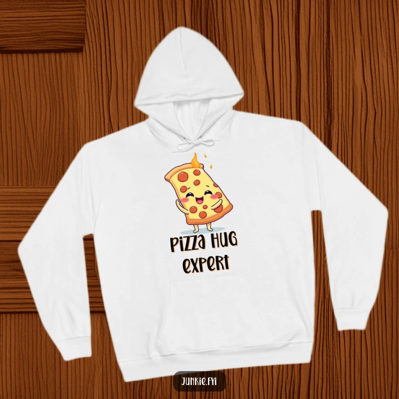 Funny Hoodie: A delighted food character with tiny arms gives a giant, steaming pizza slice a warm, loving hug.