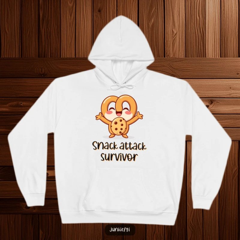 Comfortable funny pretzel hoodie depicting a character joyfully eating a cookie, showcasing pure snack happiness.