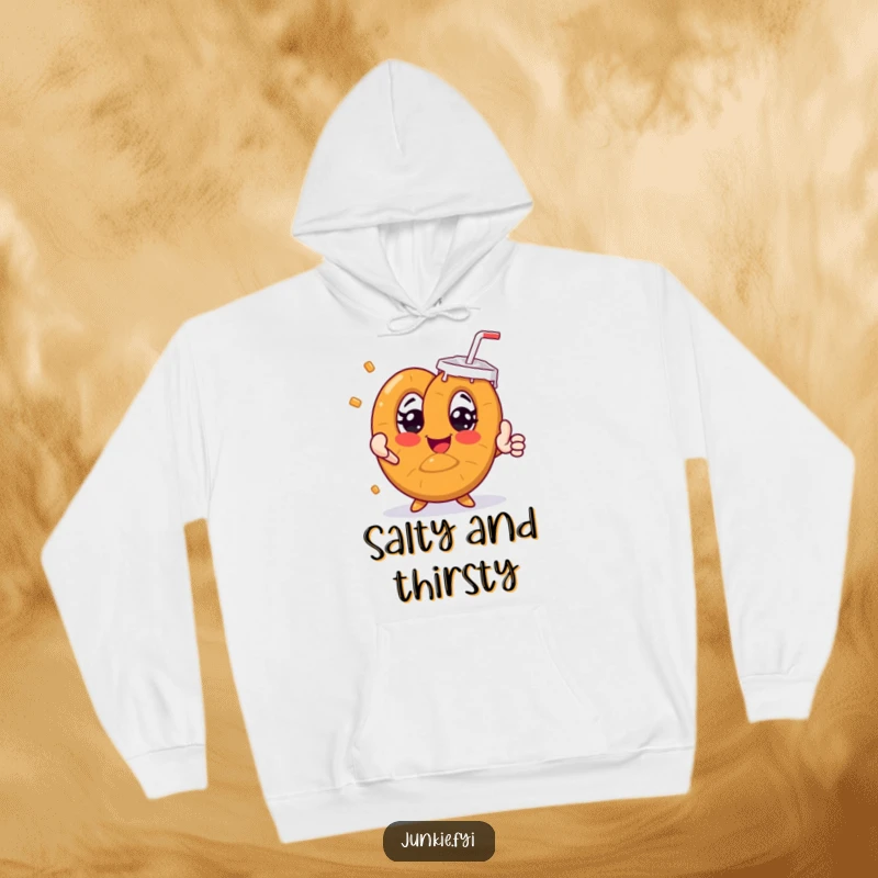 Funny pretzel character desperately reaching for a huge soda, depicted on a comfortable hoodie.