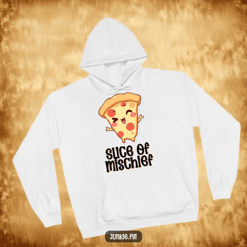 Funny Hoodie with a mischievous pizza slice character winking playfully, offering cozy comfort and a touch of cheesy humor.