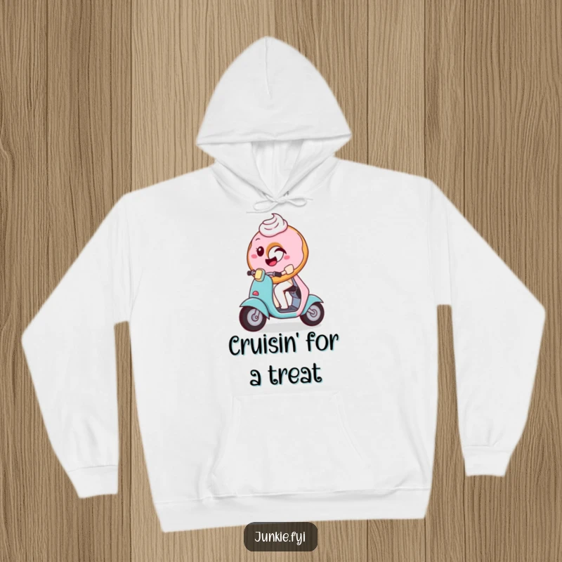 Funny Hoodie depicting a playful donut with frosting winking while riding a tiny scooter, offering warmth and a dash of sweetness.