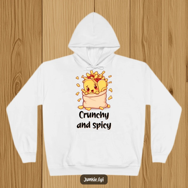 Funny hoodie with a curious taco character peeking out from a overflowing bag of chips, designed for ultimate snack comfort.