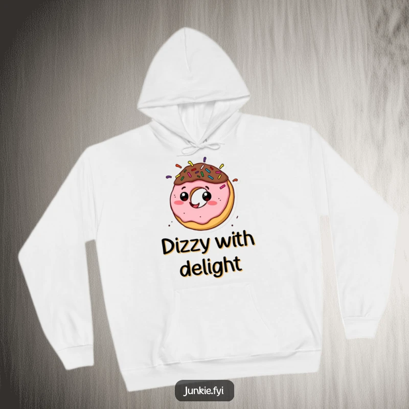 Funny donut character with sprinkle hair spinning rapidly in a warm hoodie, showcasing energetic comfort.