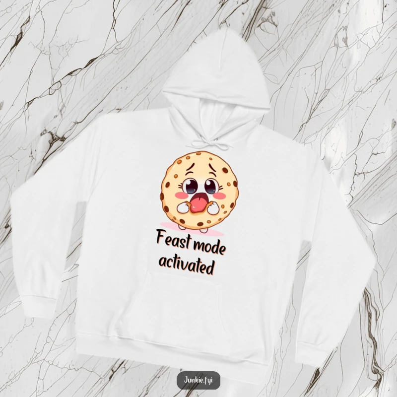 Funny hoodie illustrating a food character with eager eyes taking a massive bite from a giant cookie, bringing warmth and humor.