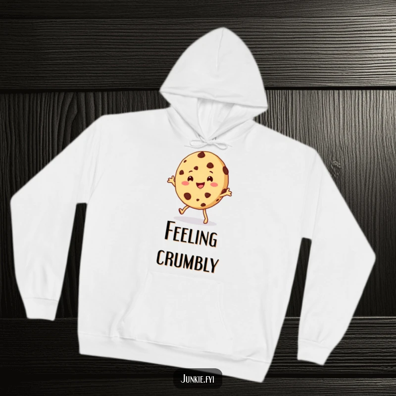 Funny cookie hoodie featuring a happy chocolate chip cookie character doing a playful shimmy, offering cozy warmth and sweet humor.