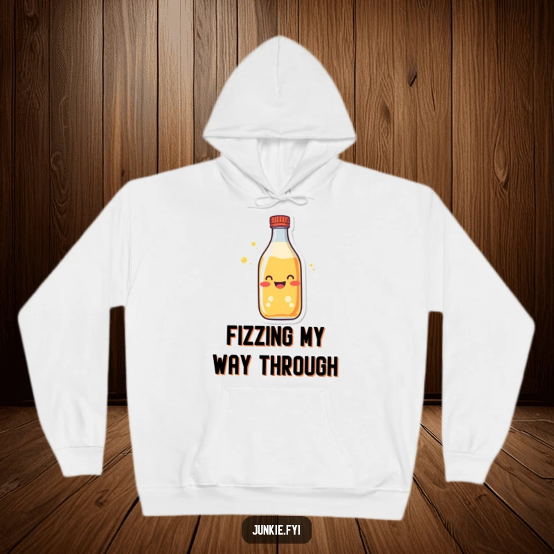 Funny soda bottle hoodie character, fizzing with excitement, offering warmth and humor as a gift.