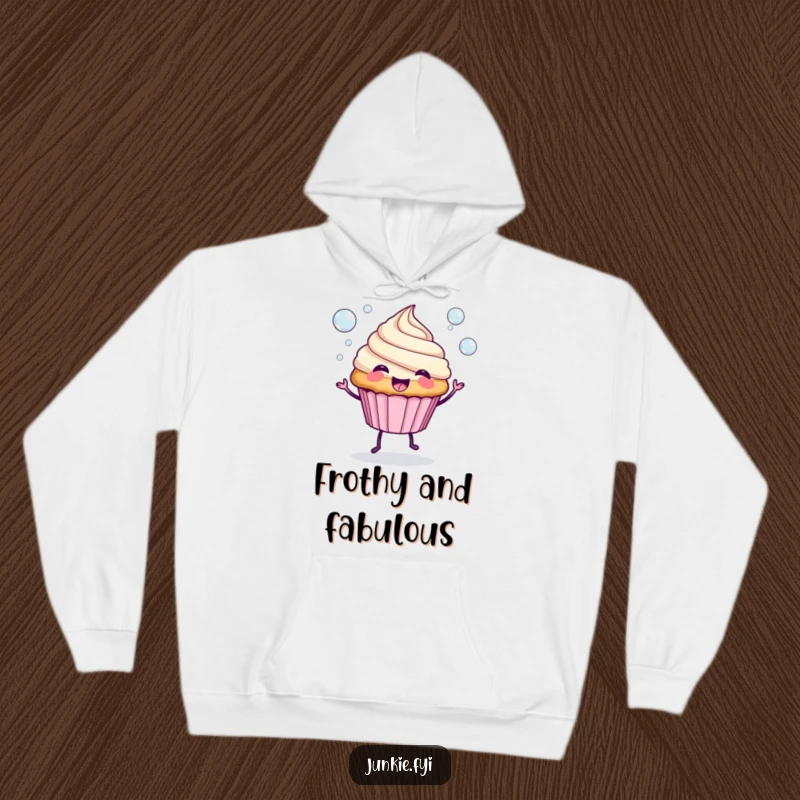 Funny Hoodie: A spunky cupcake with legs enthusiastically blows playful bubbles, conveying a sense of carefree joy.