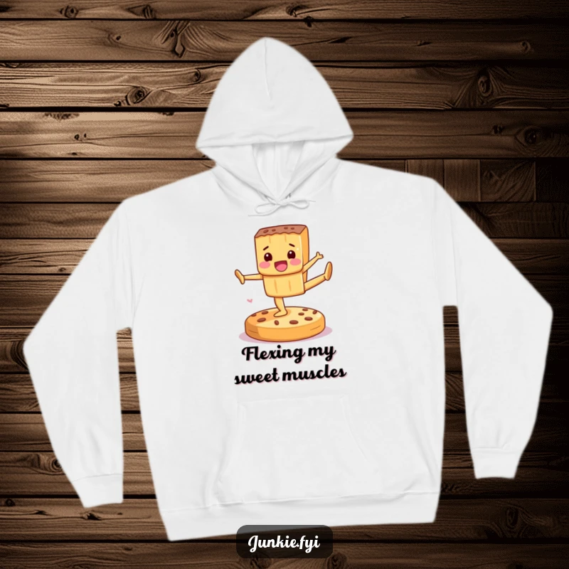 Funny Hoodie depicting a delighted candy bar performing gymnastics on a cookie, offering warmth and a dose of sugary fun.