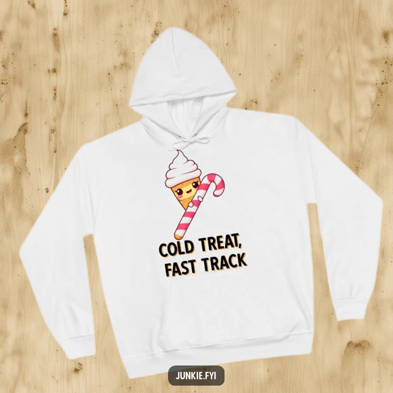 Funny Hoodie: A mischievous ice cream cone slides with glee down a candy cane, capturing a moment of sweet, playful abandon.