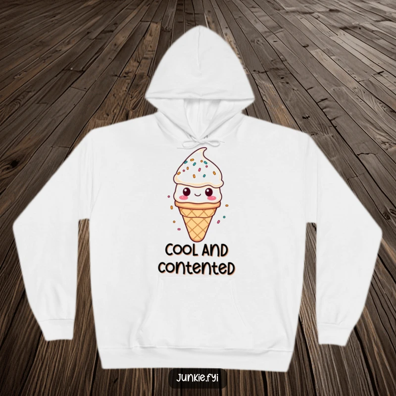 Funny hoodie print of a contented ice cream cone character showered by falling sprinkles. Cozy and comical.