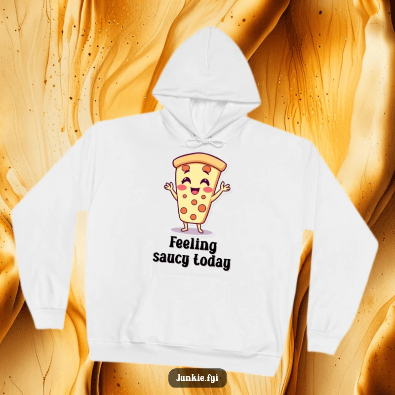 Funny pizza slice hoodie character, doing enthusiastic jazz hands, a warm and humorous gift.