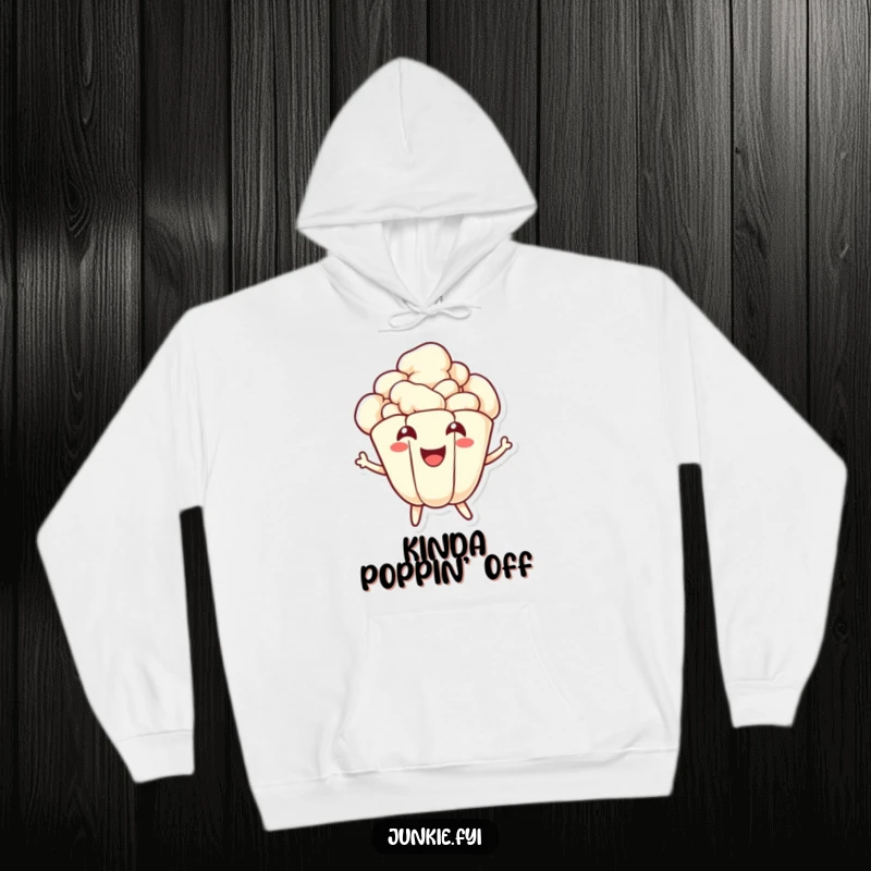 Funny popcorn hoodie featuring a joyful kernel character energetically popping with a wide smile, offering cozy warmth and comical fun.