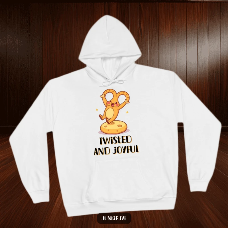 Funny Hoodie showcasing an energetic pretzel character doing a cartwheel on a comfy cheese cushion, designed for laughter and warmth.