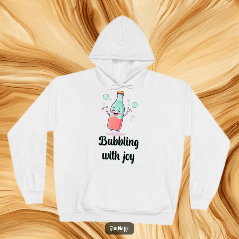 Funny Hoodie: A giggling soda bottle character is energetically dancing, with bubbles swirling around, radiating humorous and fizzy delight.