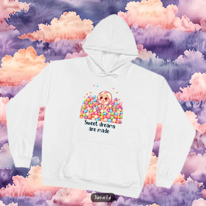 Funny hoodie print of a shocked lollipop character astonished by a massive pile of sugary treats. Cozy and comical.