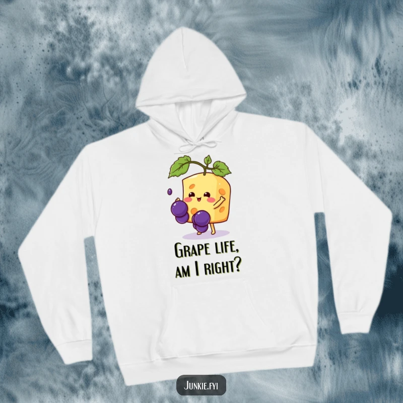 Funny Kawaii cheese character in a cozy hoodie, humorously trying to catch a falling grape, a delightful and warm graphic.
