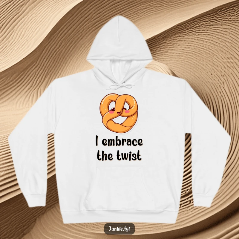 Funny Kawaii pretzel twisting into a pretzel shape with a smile, featured on a soft, warm hoodie.