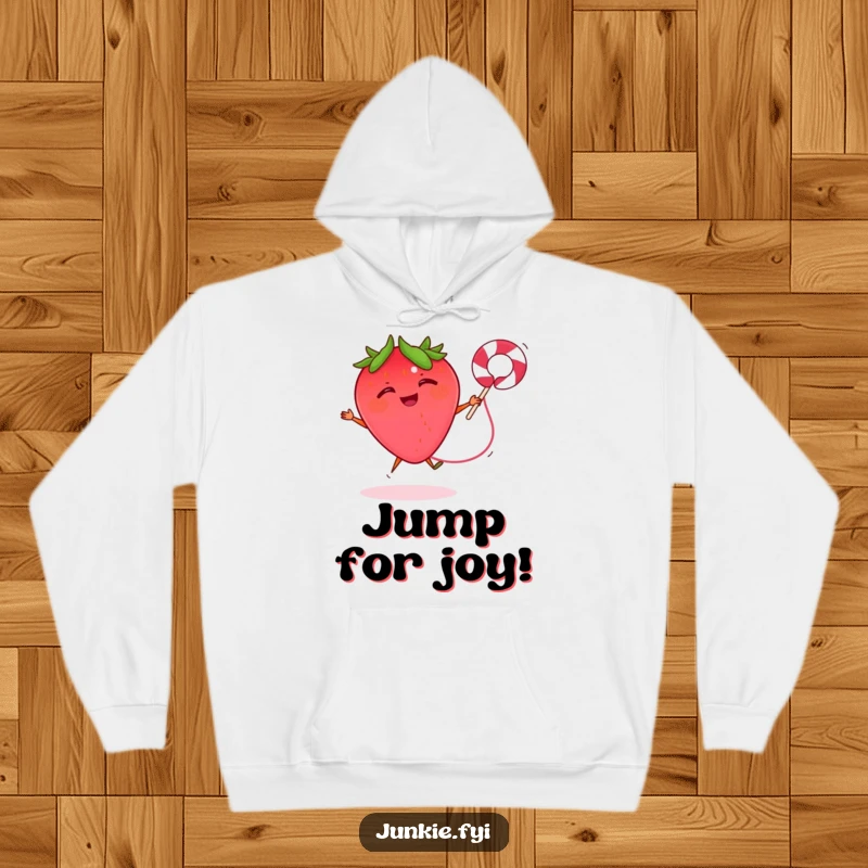 Funny hoodie depicting a giggling strawberry jumping rope with a licorice string, offering warm, energetic, and humorous comfort.