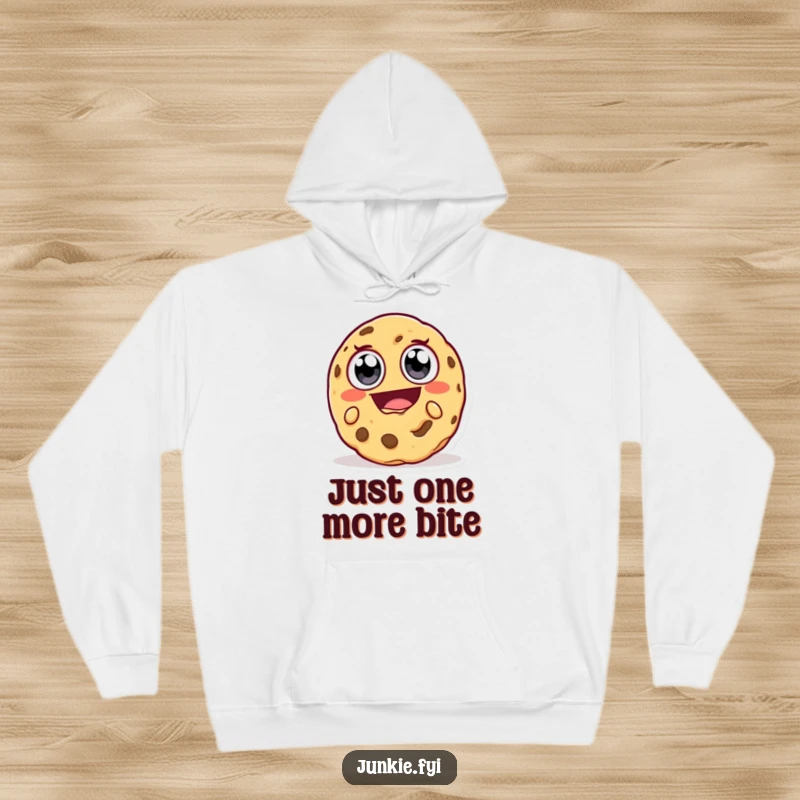 Funny Hoodie: A happy cookie character with oversized eyes is captured mid-bite, taking a huge, delighted mouthful, radiating funny satisfaction.