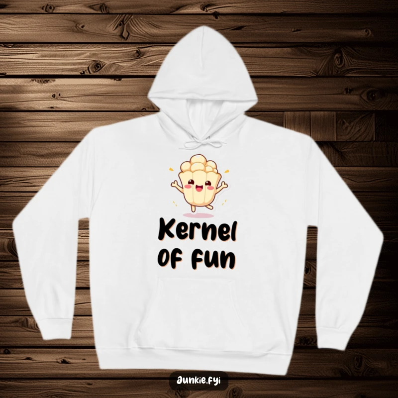 Funny Kawaii Popcorn Hoodie: A cute anthropomorphic popcorn kernel bounces excitedly, bringing funny warmth and cheerful vibes.