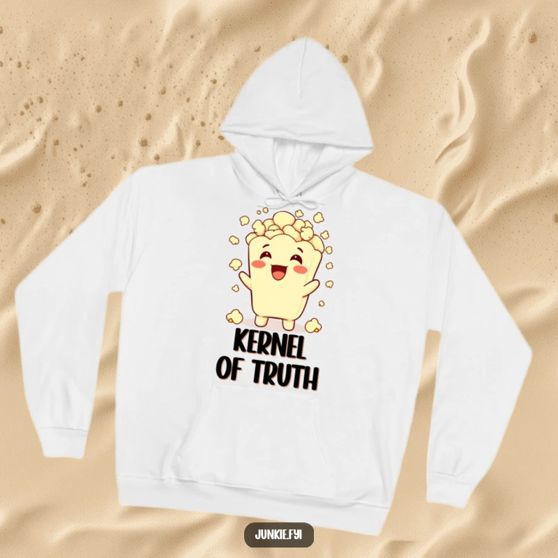 Comfortable funny popcorn hoodie depicting a character showering itself with popcorn, embodying snacky joy.