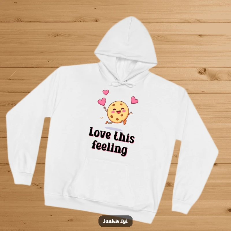 Funny hoodie depicting a silly cookie grinning while kicking a flying candy heart, offering warm, sweet, and humorous comfort.