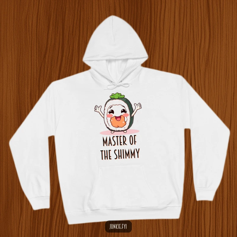 Funny Hoodie depicting a smiling sushi roll with arms doing a joyful shimmy, offering warmth and a dash of fun.