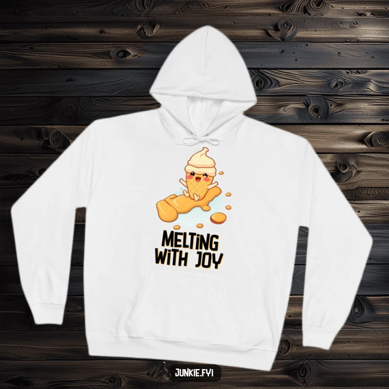 Comfortable funny ice cream cone hoodie depicting a character sliding down a caramel river, for sweet warmth.