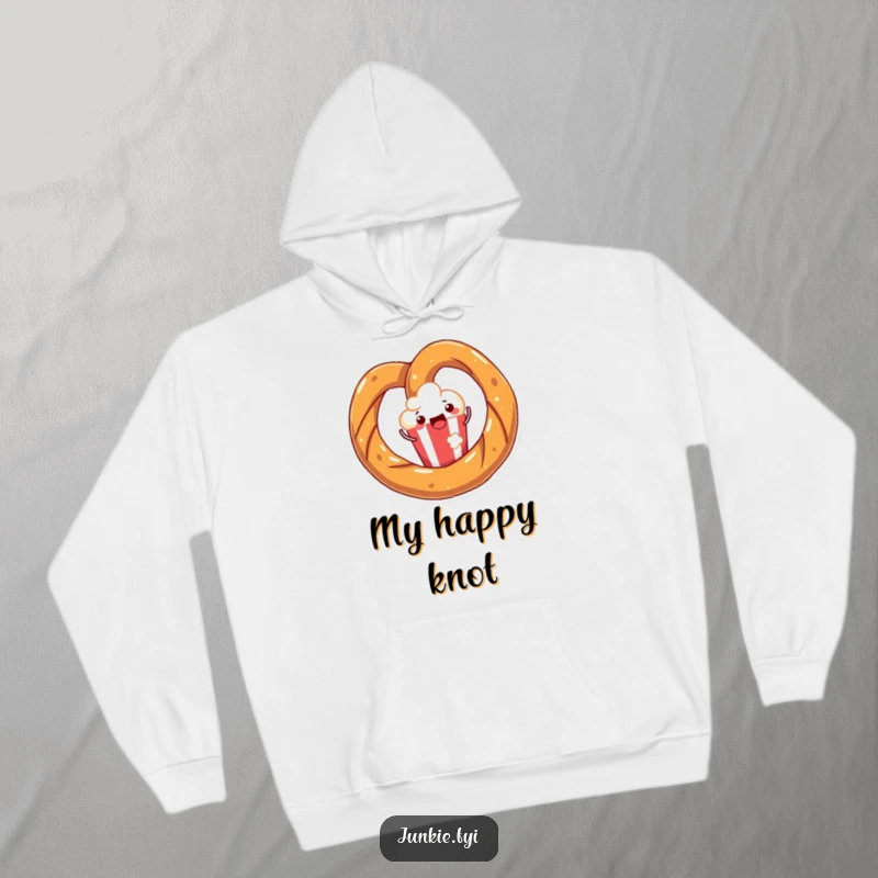 Funny hoodie featuring a joyful pretzel twisting with happiness around a popcorn kernel, perfect for cozy snack sessions.