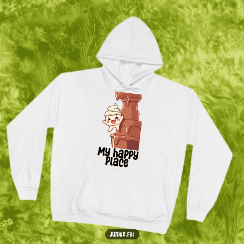 Funny hoodie: A cheerful food character with a big smile hangs precariously above a gushing chocolate fountain, ready for a sweet dip.
