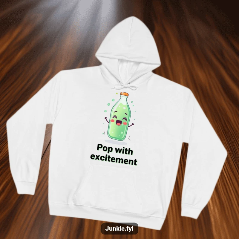 Funny hoodie print of a thrilled soda bottle character energetically fizzing with happiness. Cozy and comical.