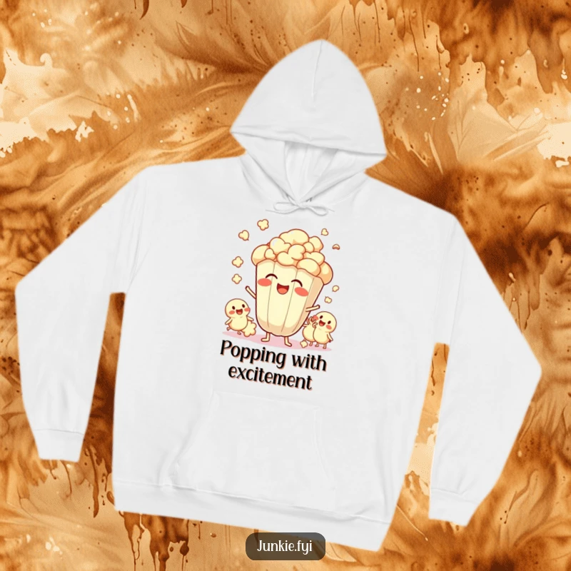 Funny Hoodie illustrating a cheerful popcorn kernel giggling with a lively group of popping friends, symbolizing shared excitement.