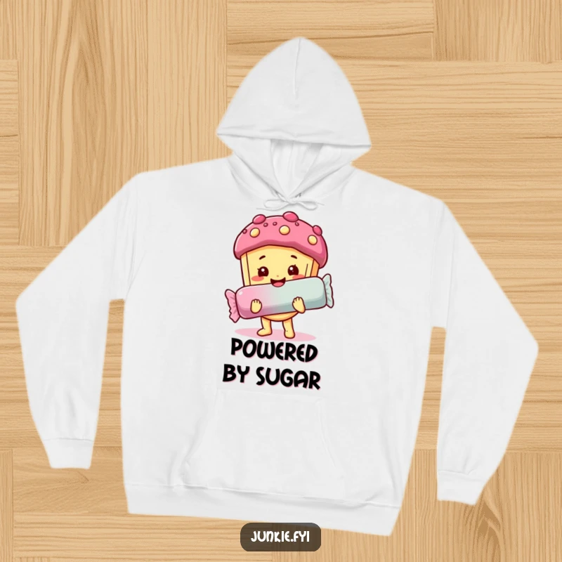 Funny hoodie: A happy food character with a sweet, beaming smile holds a massive candy bar, radiating pure joy.